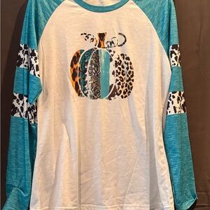 Stylish Teal and White Long Sleeve Women's Top